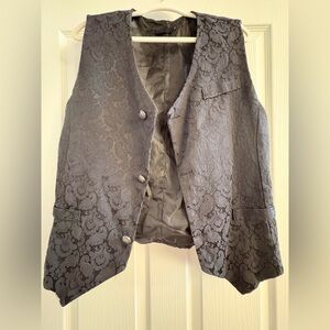 Unisex Gothic Steampunk Cinched Back Jacquard Damask Black Vest Waistcoat Sz M